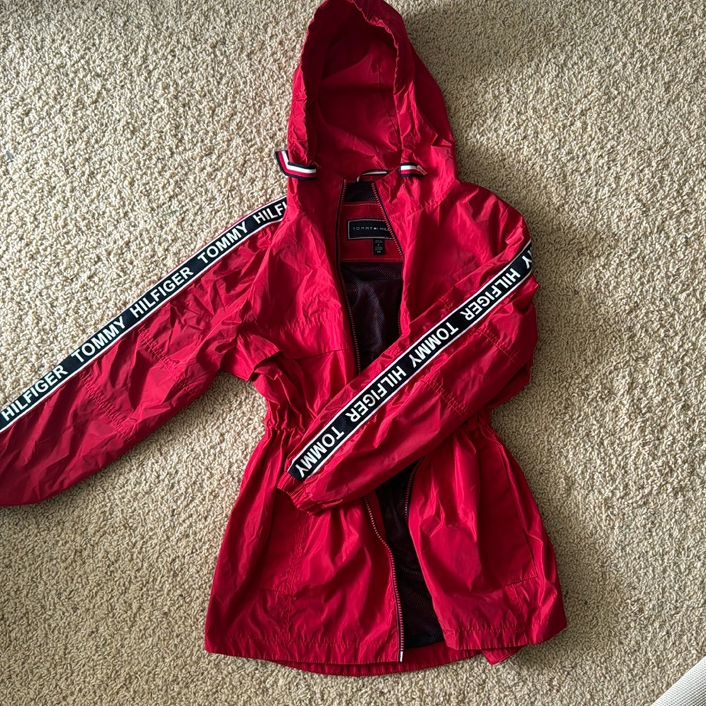Red Tommy Hilfiger rain jacket